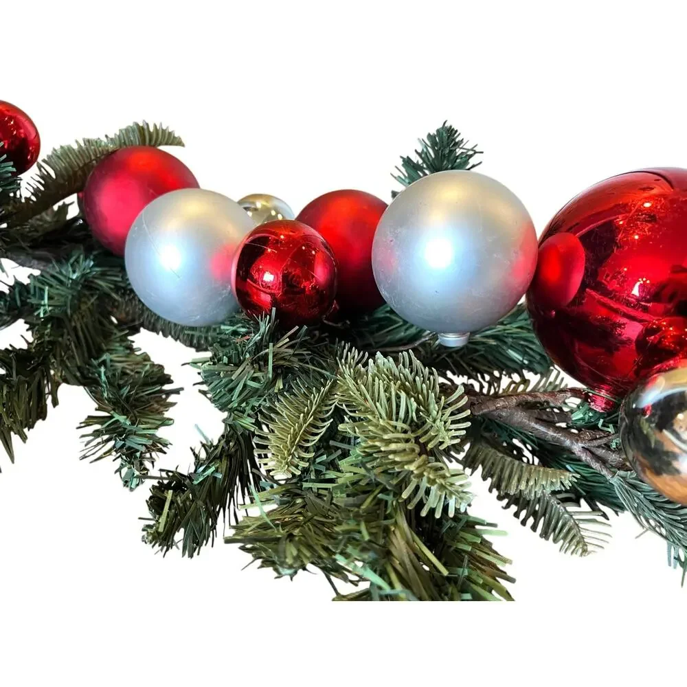 Pottery Barn Christmas Pine Garland Green with Ornament Balls Red Silver 4.5'